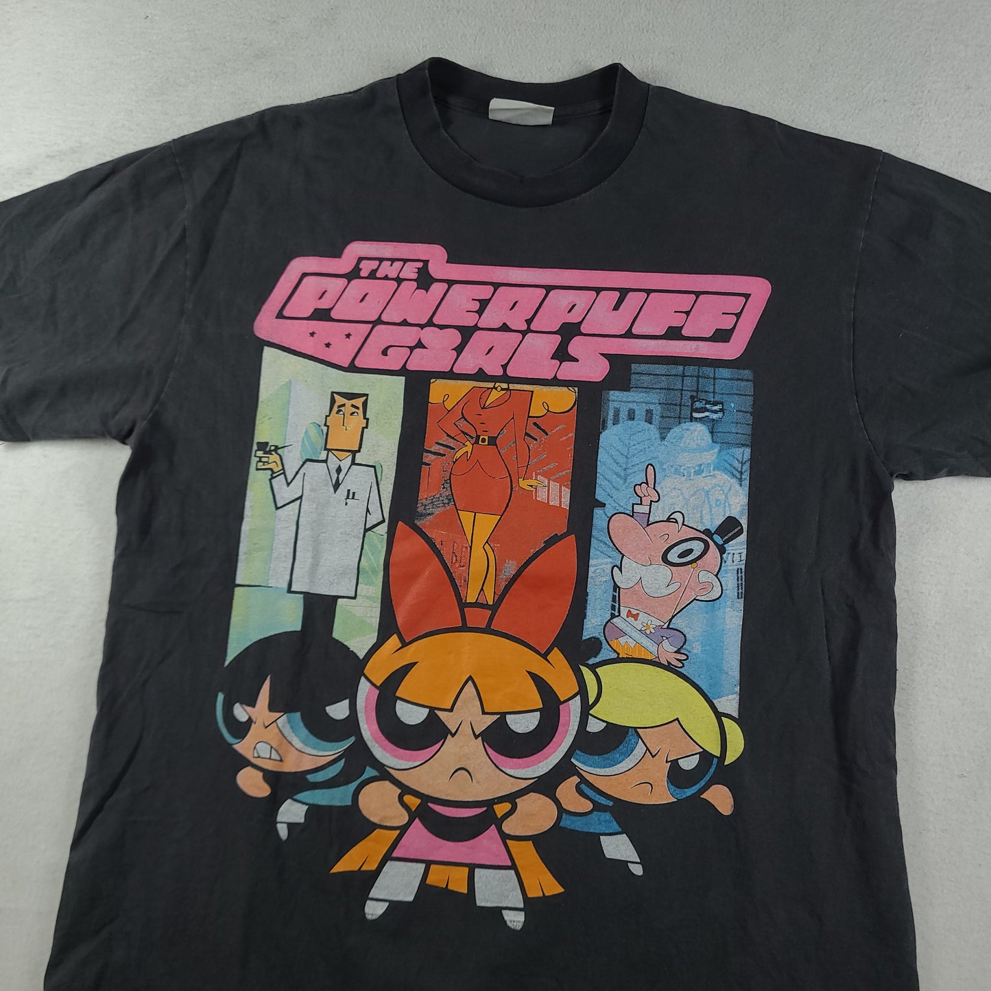 Powerpuff Girls Shirt Size XL Bootleg Grey Faded Black Cartoon Network Tee Adult