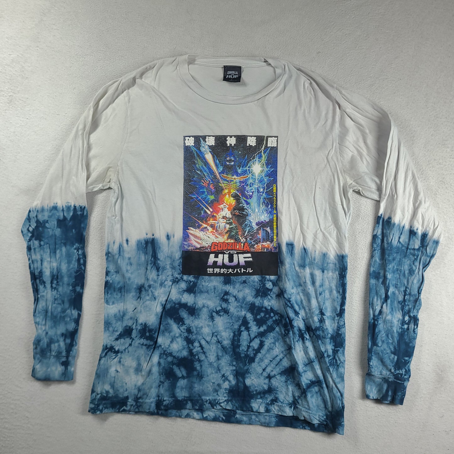 Godzilla x Huf Shirt Long Sleeve White Blue Graphic Tee Size L Cotton Adult