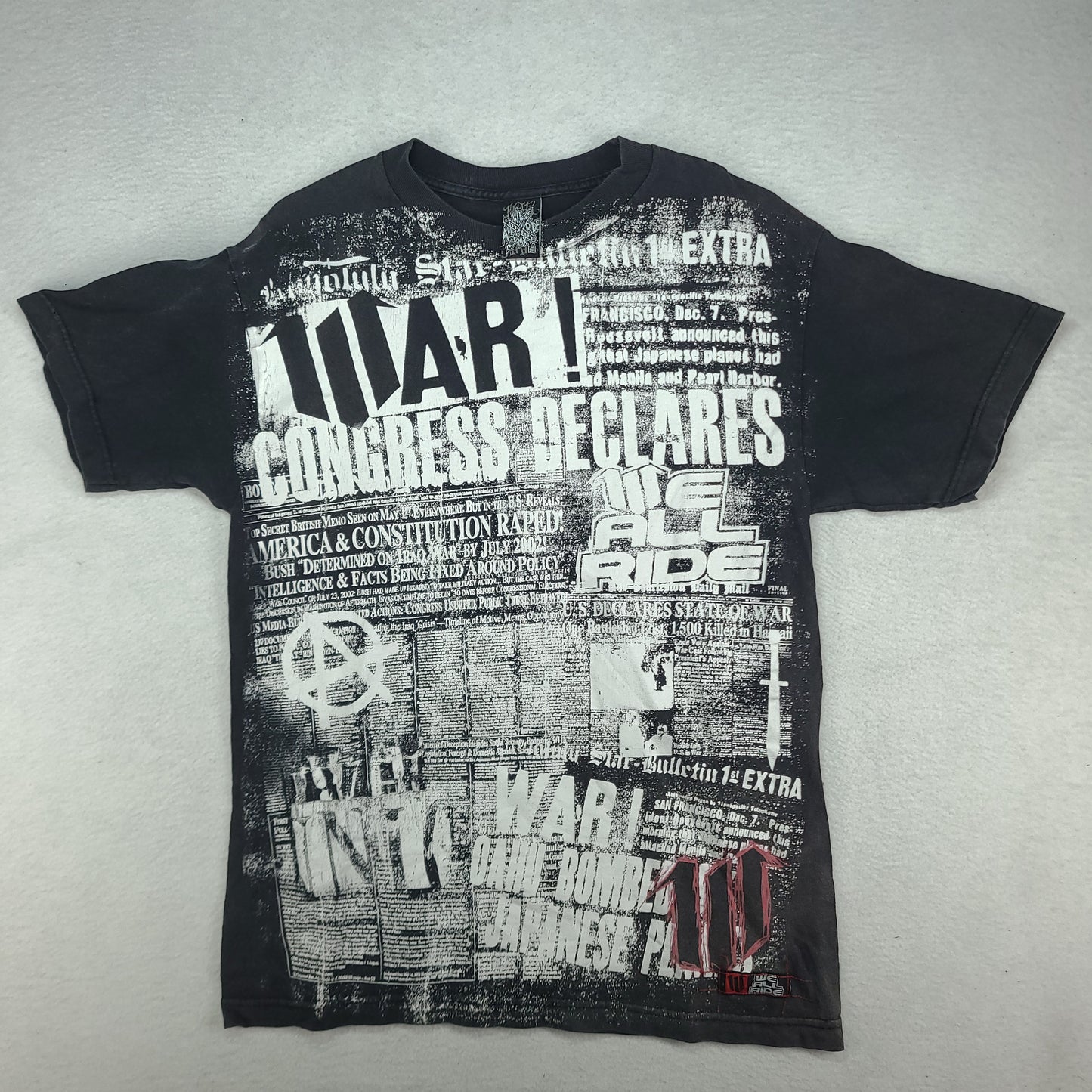We All Ride Shirt Y2K Size M Made in USA Motorcross MX Black White Spellout All Over Print Adult