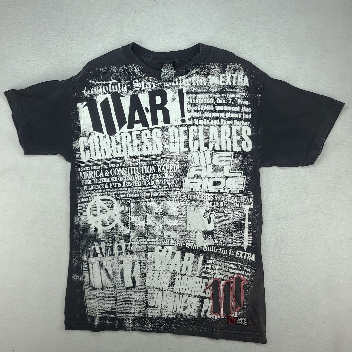 We All Ride Shirt Y2K Size M Made in USA Motorcross MX Black White Spellout All Over Print Adult