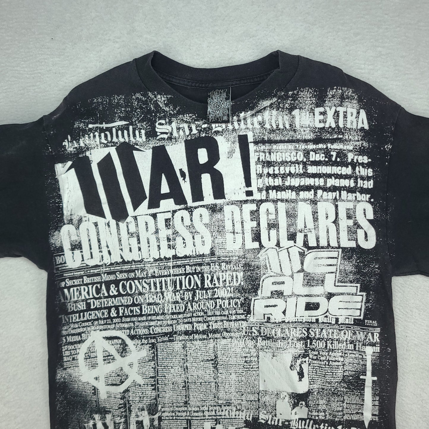 We All Ride Shirt Y2K Size M Made in USA Motorcross MX Black White Spellout All Over Print Adult