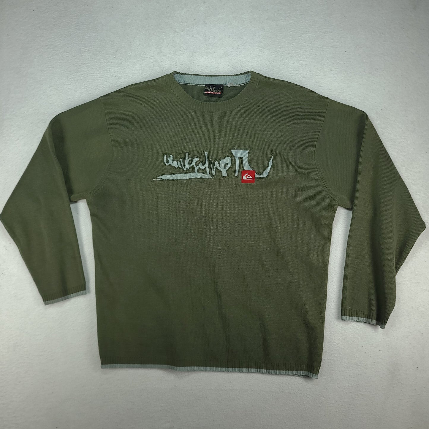 Quiksilver Sweater Green Knit Pullover Distressed Size L Adult Y2K Surf