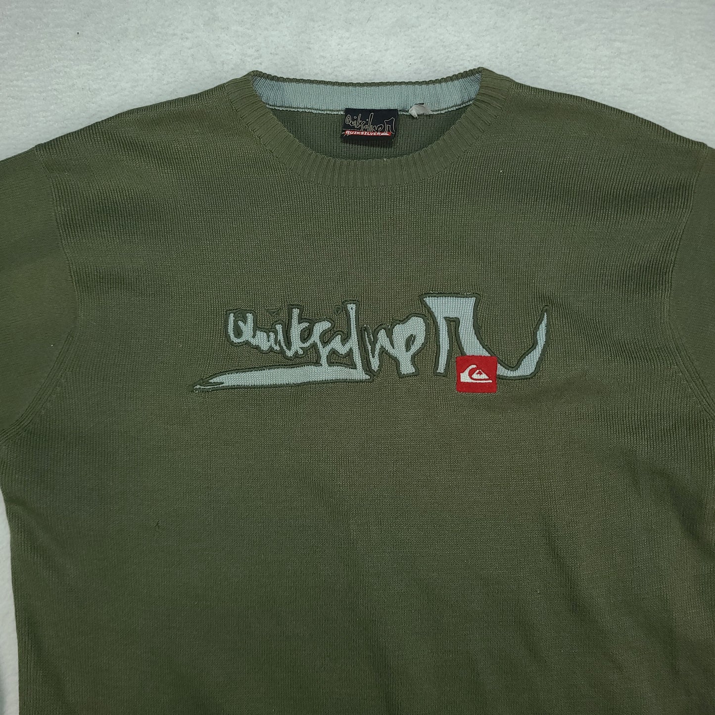 Quiksilver Sweater Green Knit Pullover Distressed Size L Adult Y2K Surf