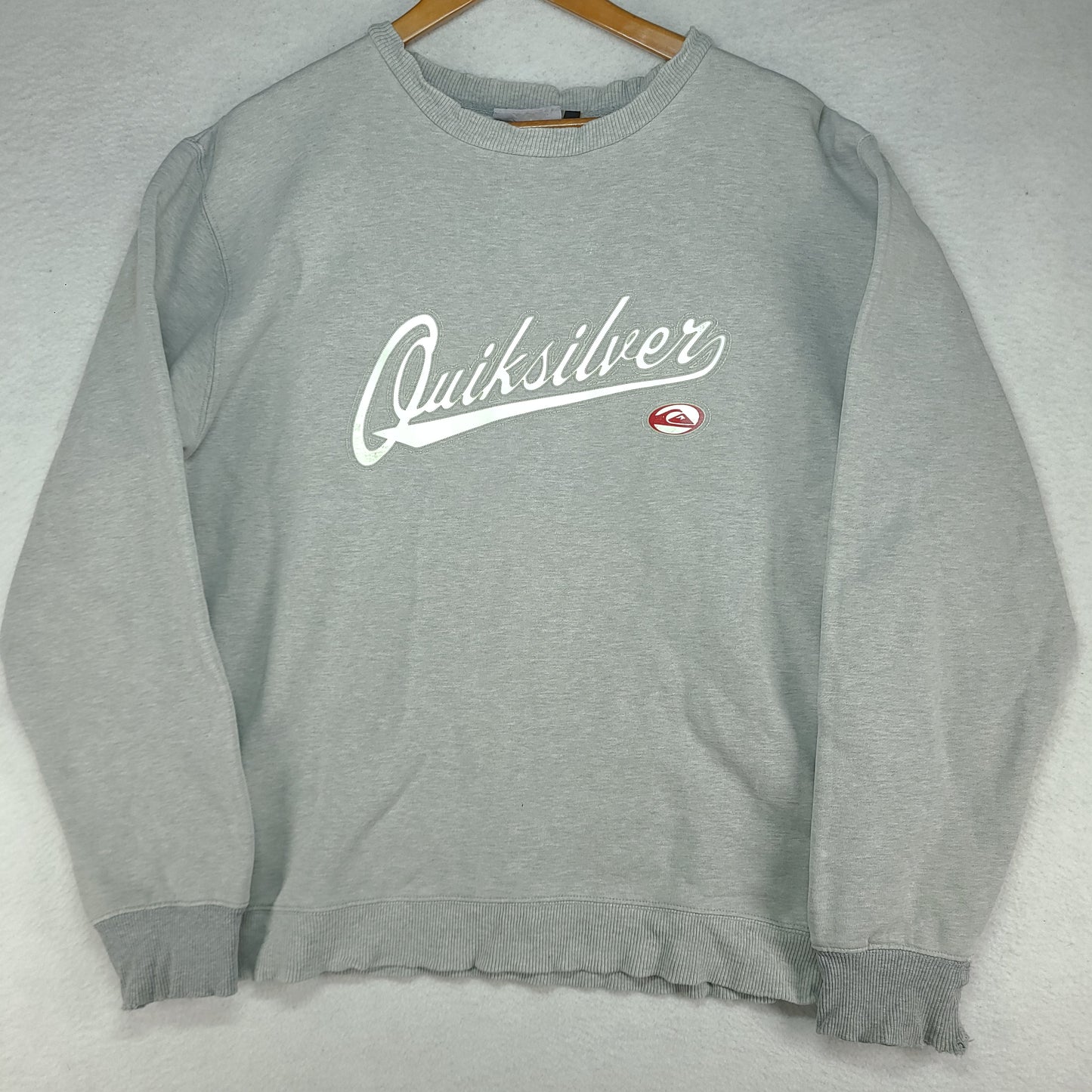 Quiksilver Jumper Grey Size L Pullover Spellout Adult Winter Warm Distressed Cuffs
