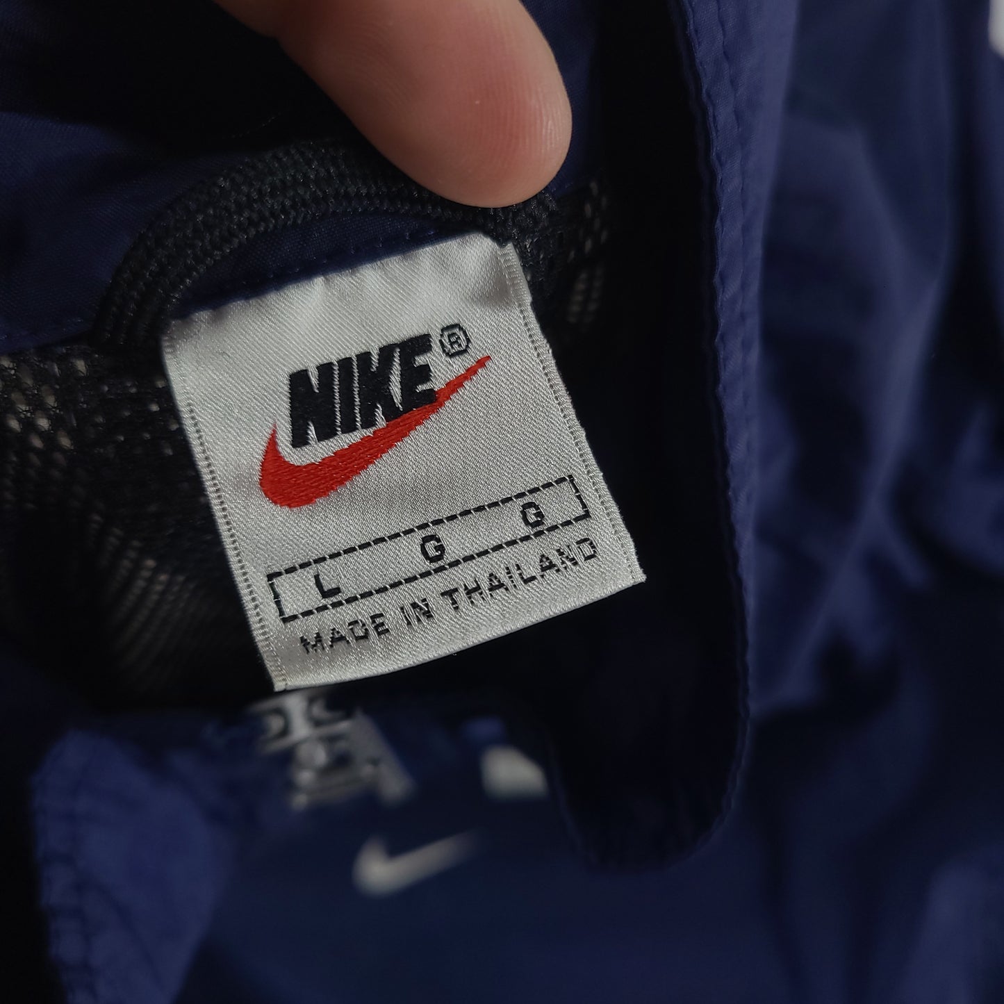 Vintage Nike Windbreaker Jacket Blue Zip Pockets Adult Size L Made in Thailand