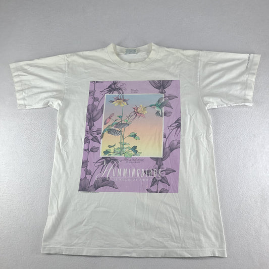 Vintage Hummingbirds Shirt Cottage Core White Tee Size Large National Wildflower Research Center