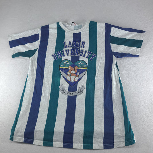 Vintage Labor University Shirt Striped Delivery Club Maternity Midwife Tee Size M Cotton
