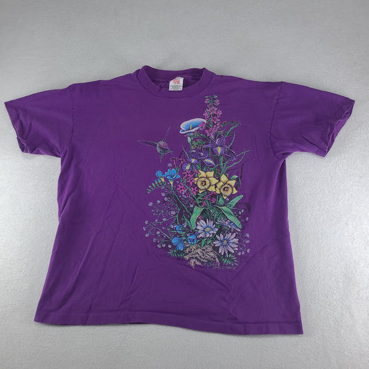 Vintage Hummingbirds Shirt Purple Short Sleeve Logo Tee Adult Casual Size XL Cotton