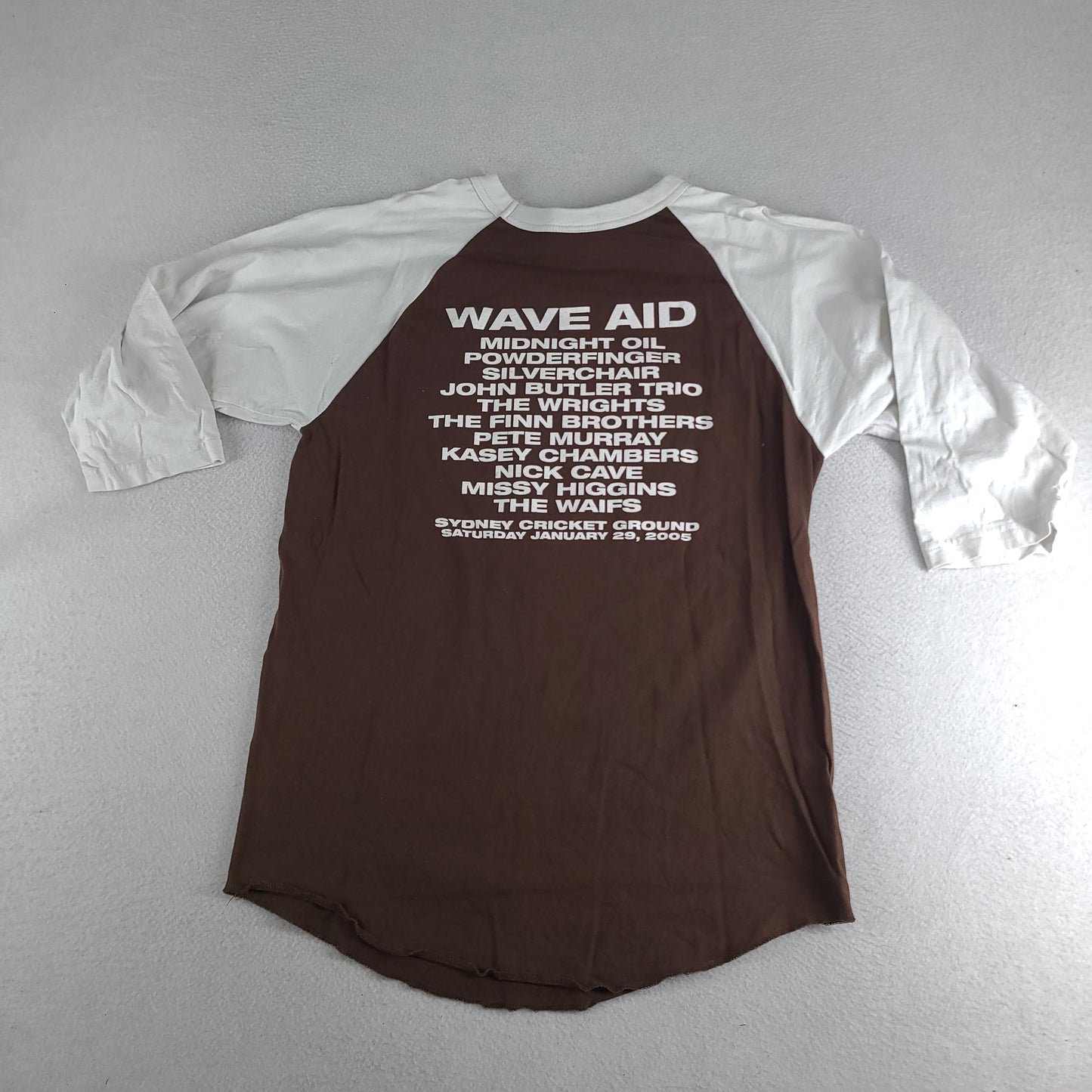 Vintage Wave Aid Shirt Raglan Brown Love Police Size M Adult Midnight Oil Powderfinger