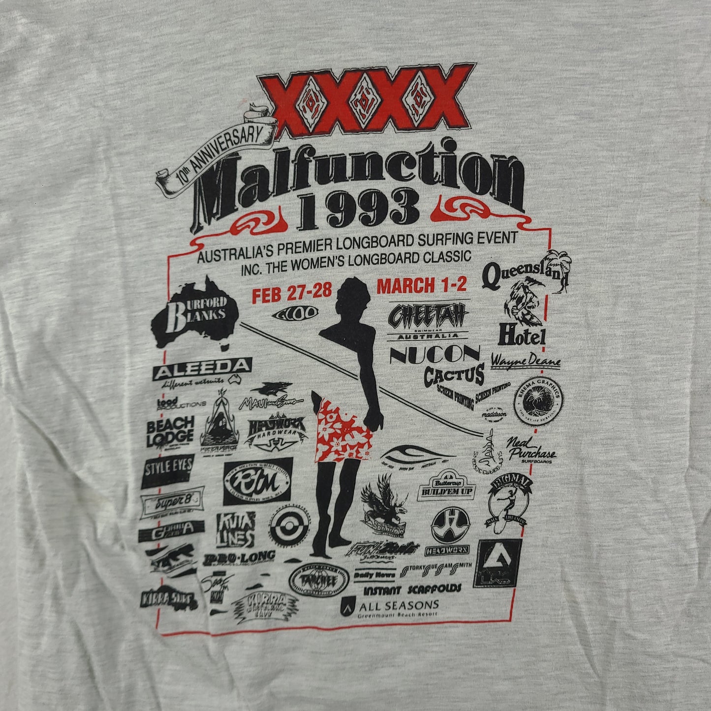 Vintage 1993 Malfunction Shirt Grey Size L Longboard Surfing Event Australia