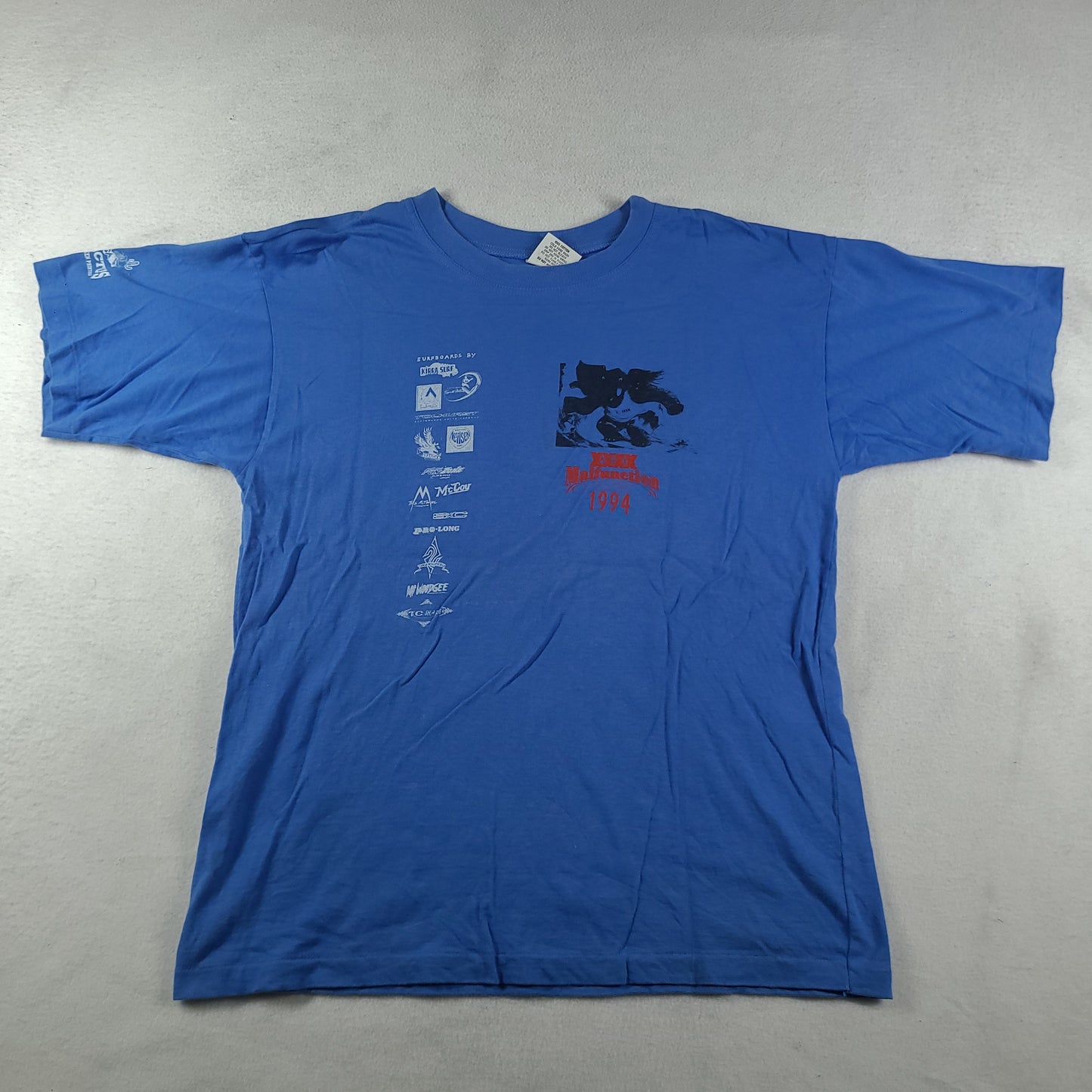 Vintage 1994 Malfunction Shirt Size L Blue Short Sleeve Graphic Surf Tee Adult Mens
