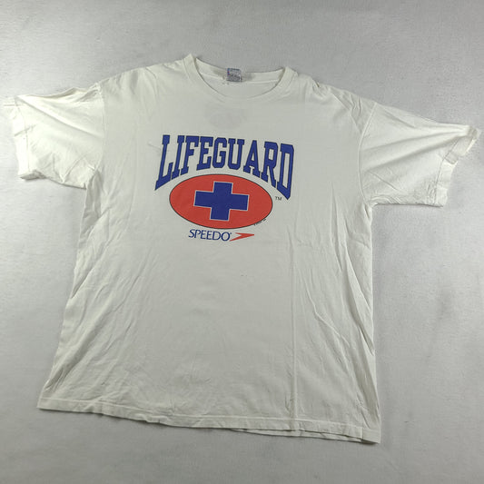 Vintage Speedo Shirt XL Lifeguard White Short Sleeve Graphic Tee