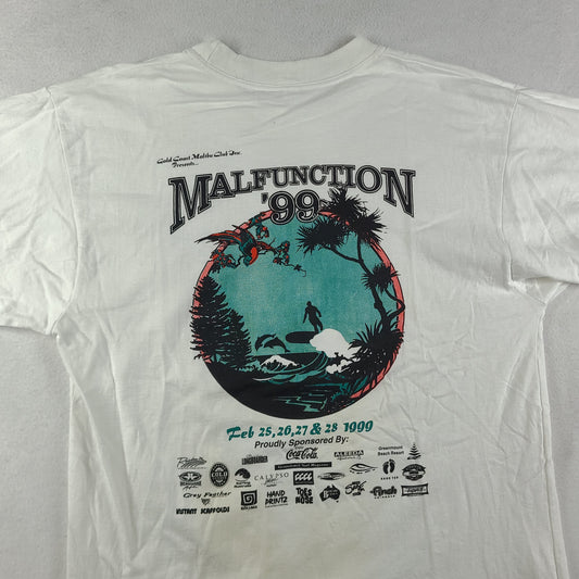 Vintage 1999 Malfunction Shirt Size L White Graphic Tee Made in Australia