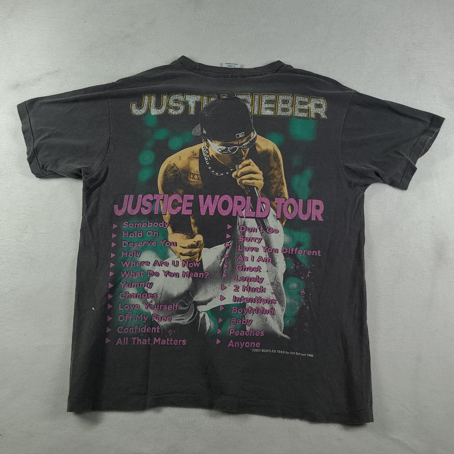 Justin Bieber Shirt Bootleg Tee XL Grey Faded Justice World Tour
