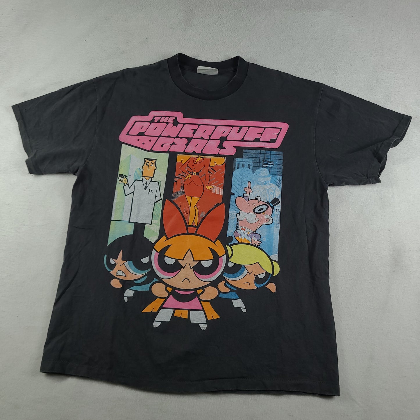 Powerpuff Girls Shirt Size XL Bootleg Grey Faded Black Cartoon Network Tee Adult