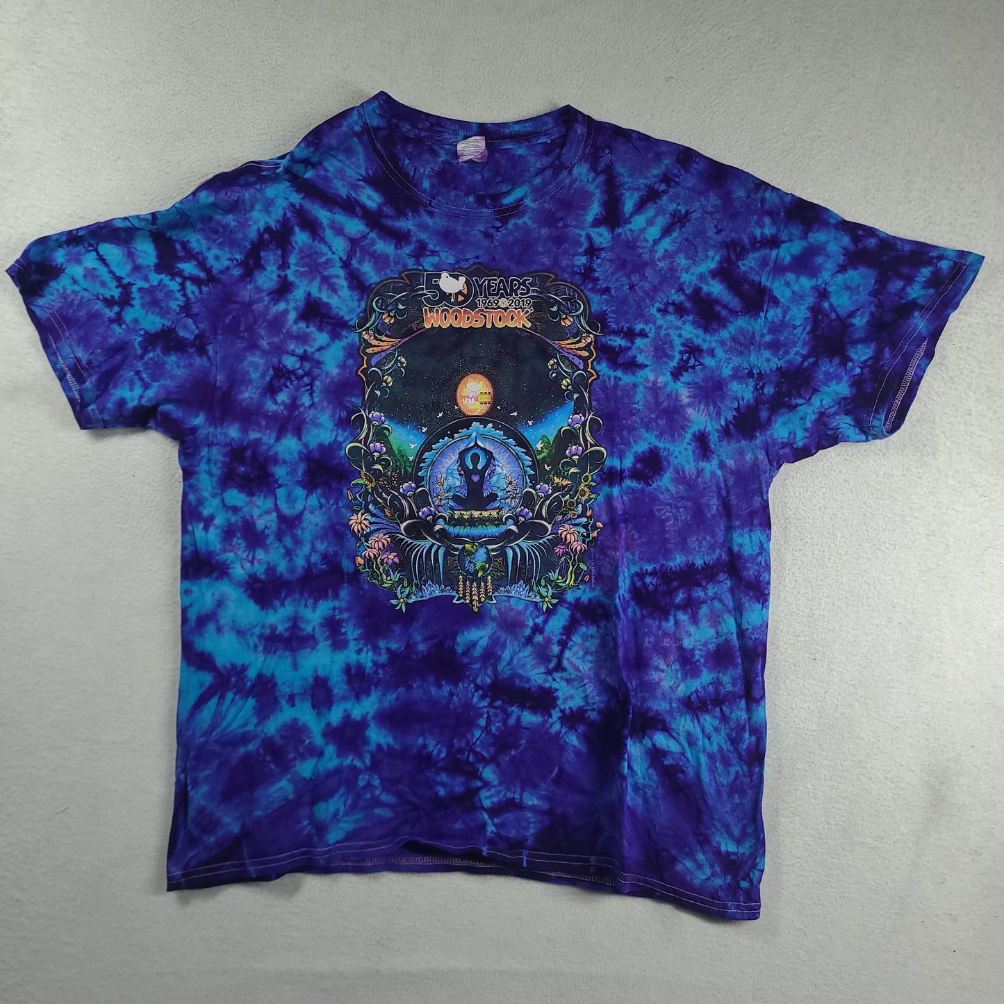 Woodstock Shirt 50 Years Blue Tie Dye Short Sleeve Graphic Tee Size XL