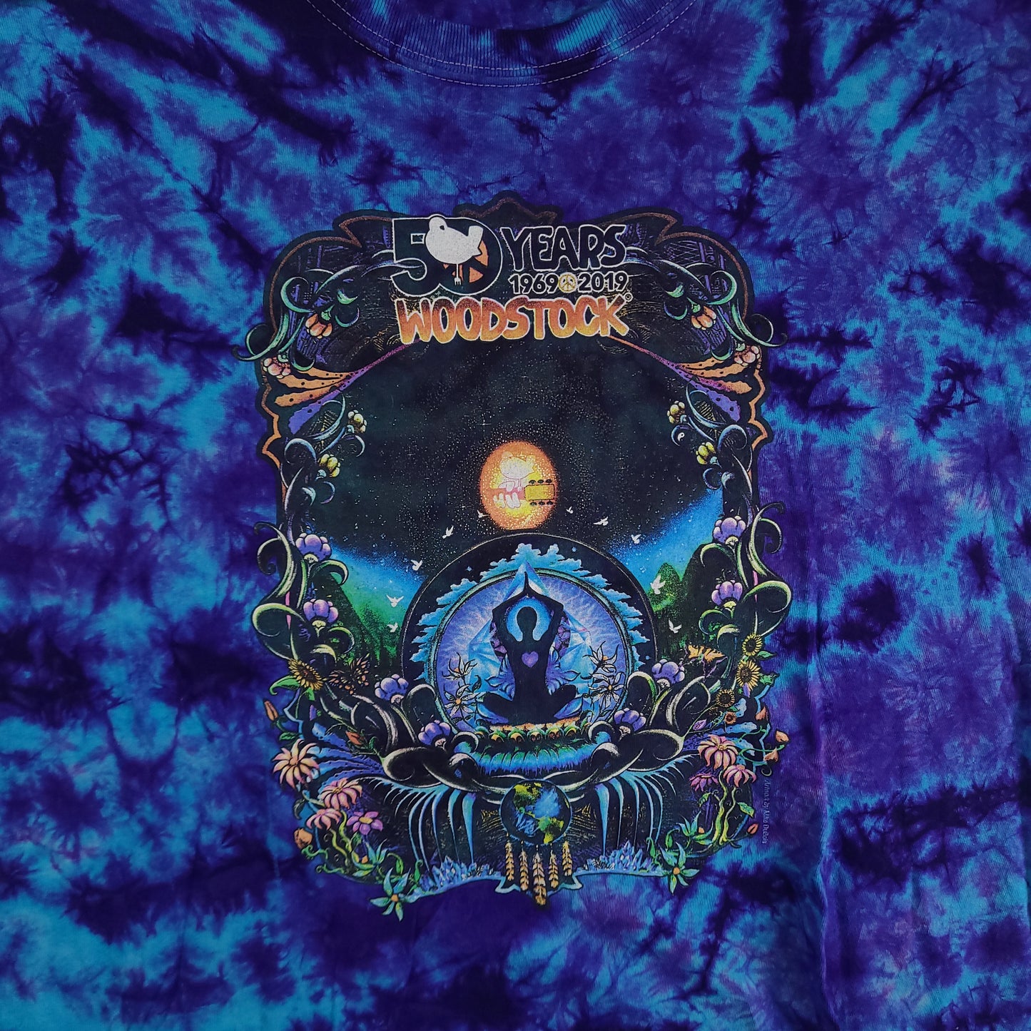 Woodstock Shirt 50 Years Blue Tie Dye Short Sleeve Graphic Tee Size XL