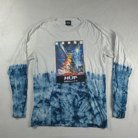 Godzilla x Huf Shirt Long Sleeve White Blue Graphic Tee Size L Cotton Adult