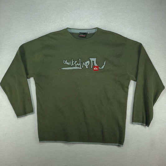 Quiksilver Sweater Green Knit Pullover Distressed Size L Adult Y2K Surf