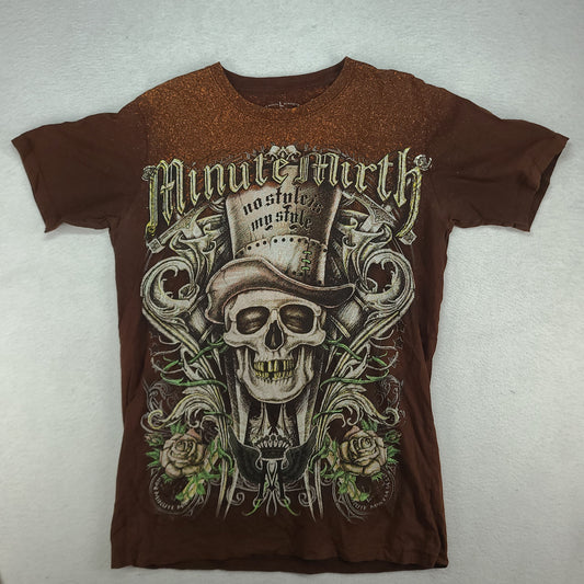 Minute Mirth Shirt Brown Y2K Short Sleeve Graphic Tee Size L Adult