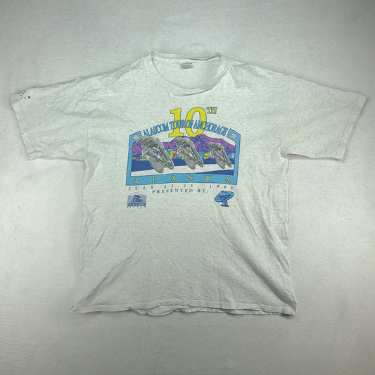 Vintage Alaska Shirt Grey Alascom Tour 1993 Bicycle Short Sleeve Graphic Tee Size XL Made in USA