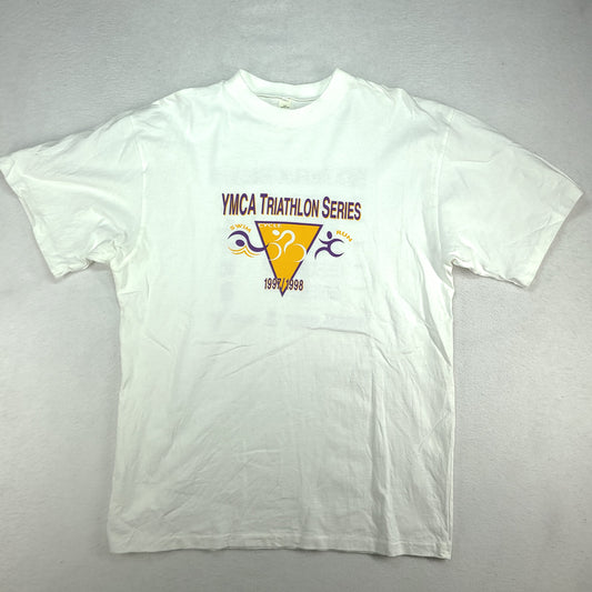 Vintage YMCA Triathlon Series Shirt White Short Sleeve Graphic Tee Adult Casual Size L