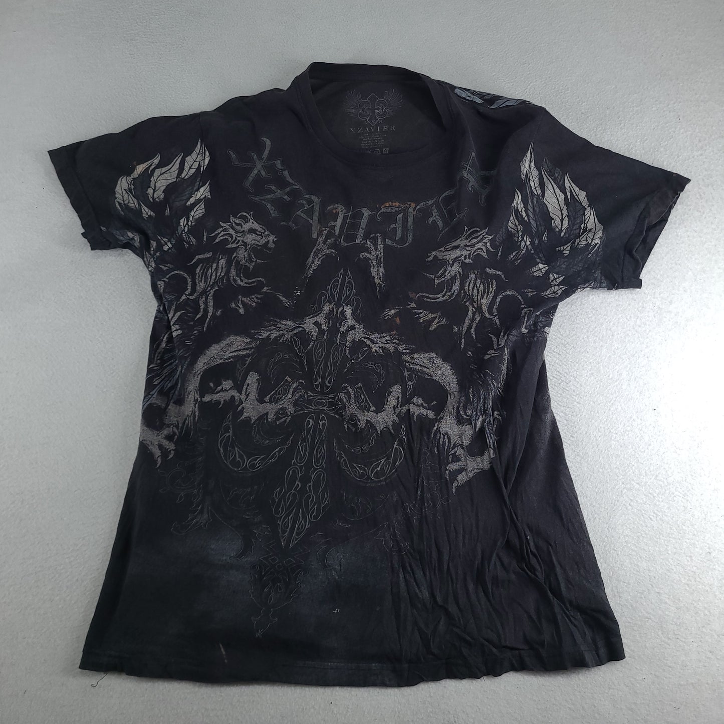 AXR Xzavier Shirt Short Sleeve Size L Grey Graphic Tee Y2K Style Casual Affliction Tribal Angelic Black