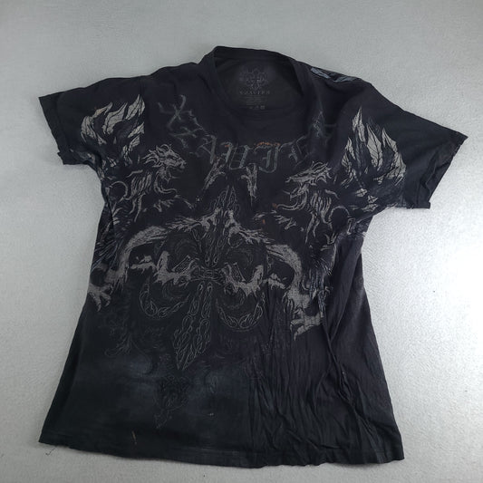 AXR Xzavier Shirt Short Sleeve Size L Grey Graphic Tee Y2K Style Casual Affliction Tribal Angelic Black