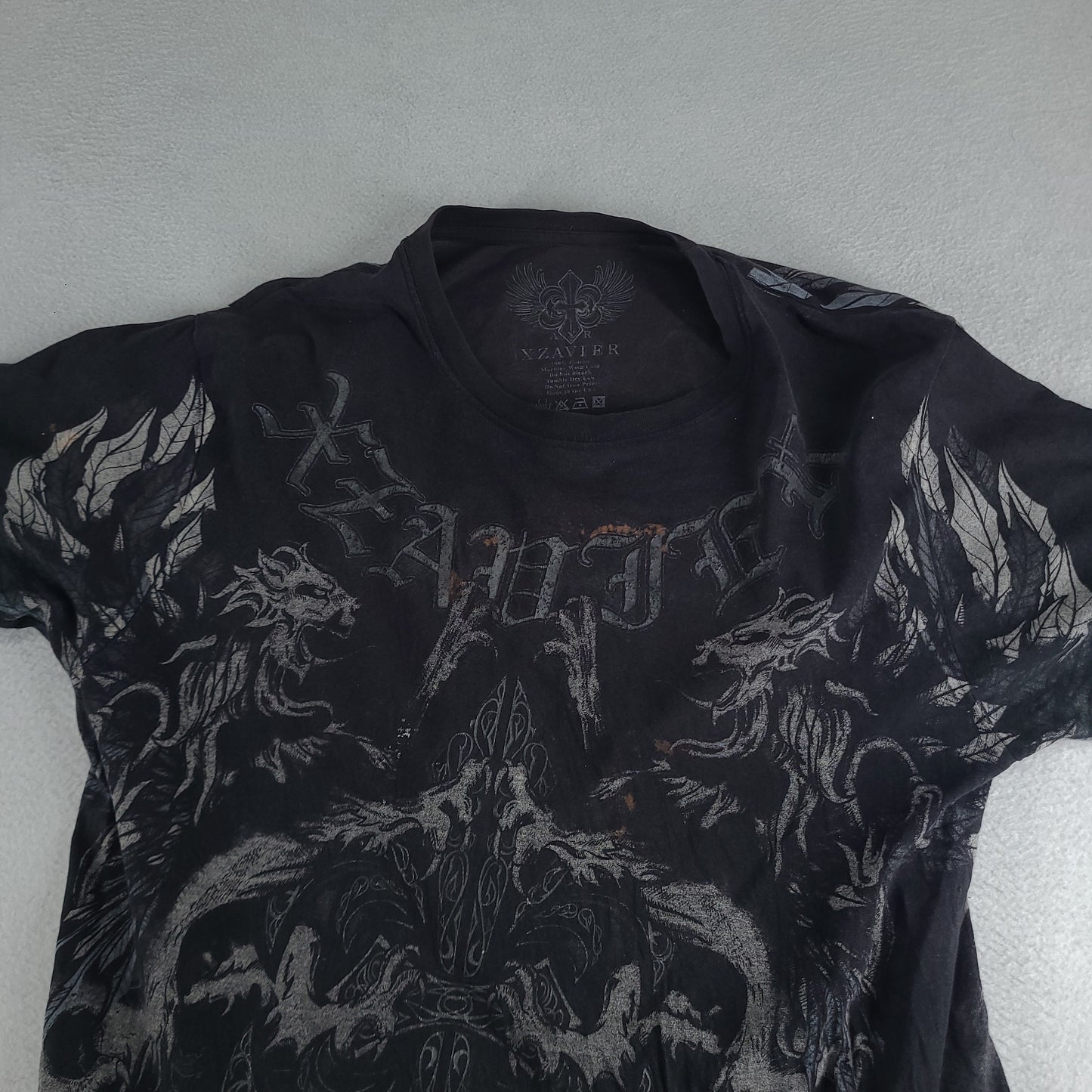 AXR Xzavier Shirt Short Sleeve Size L Grey Graphic Tee Y2K Style Casual Affliction Tribal Angelic Black