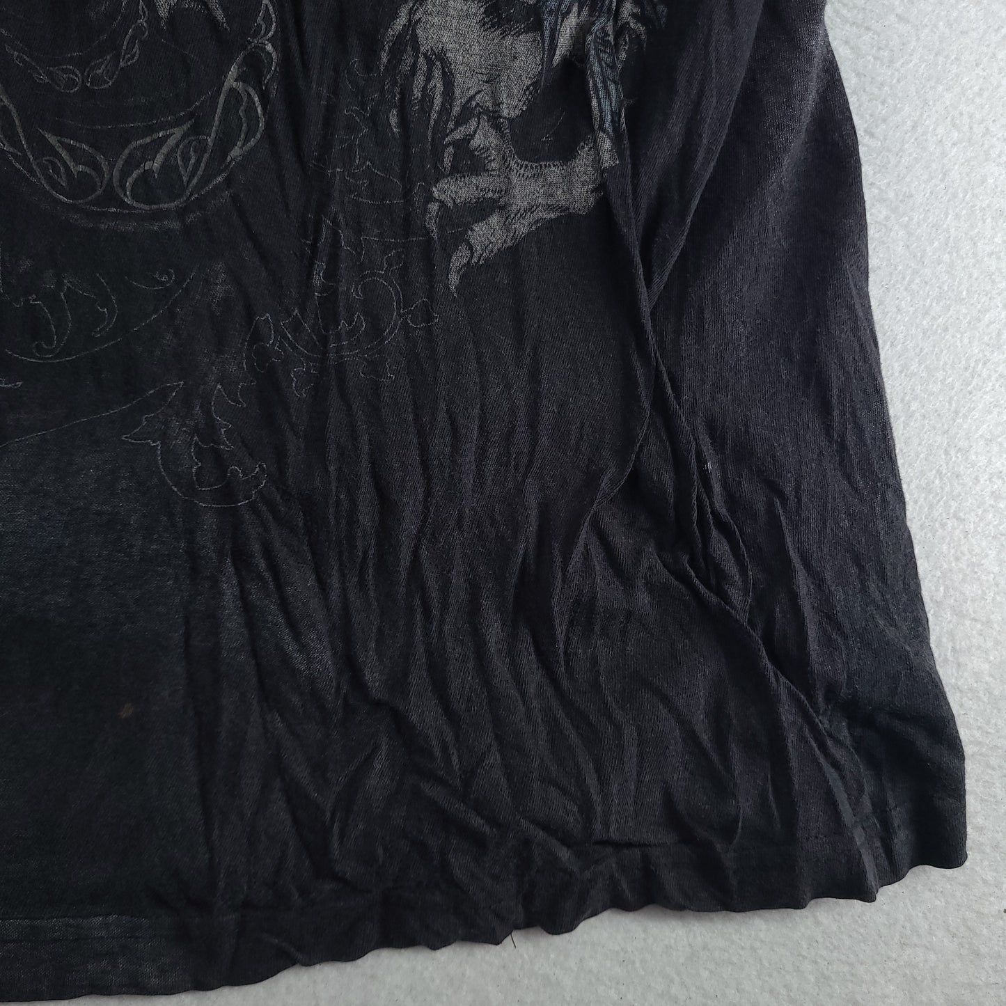 AXR Xzavier Shirt Short Sleeve Size L Grey Graphic Tee Y2K Style Casual Affliction Tribal Angelic Black