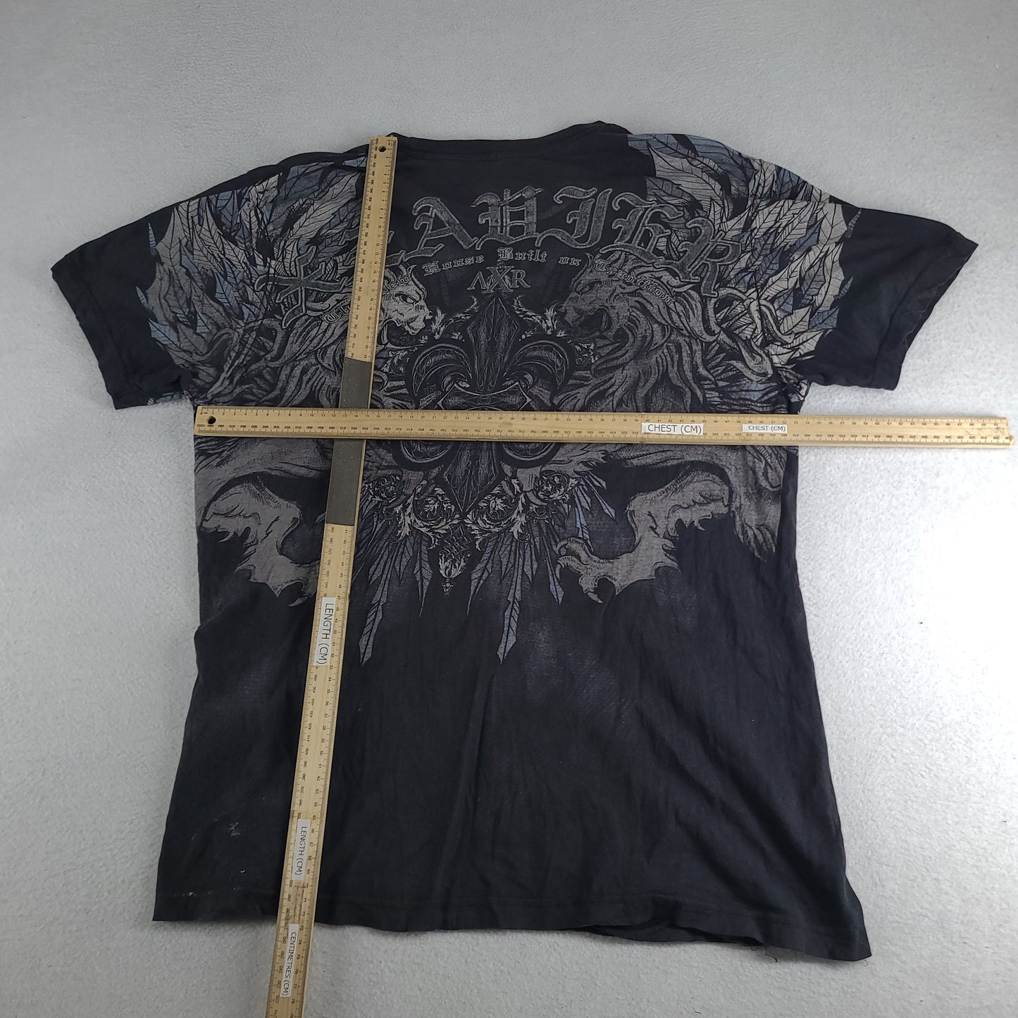 AXR Xzavier Shirt Short Sleeve Size L Grey Graphic Tee Y2K Style Casual Affliction Tribal Angelic Black