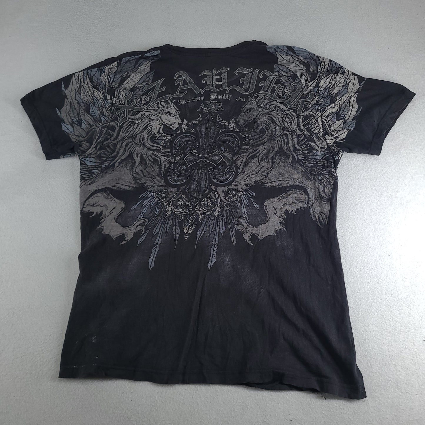 AXR Xzavier Shirt Short Sleeve Size L Grey Graphic Tee Y2K Style Casual Affliction Tribal Angelic Black