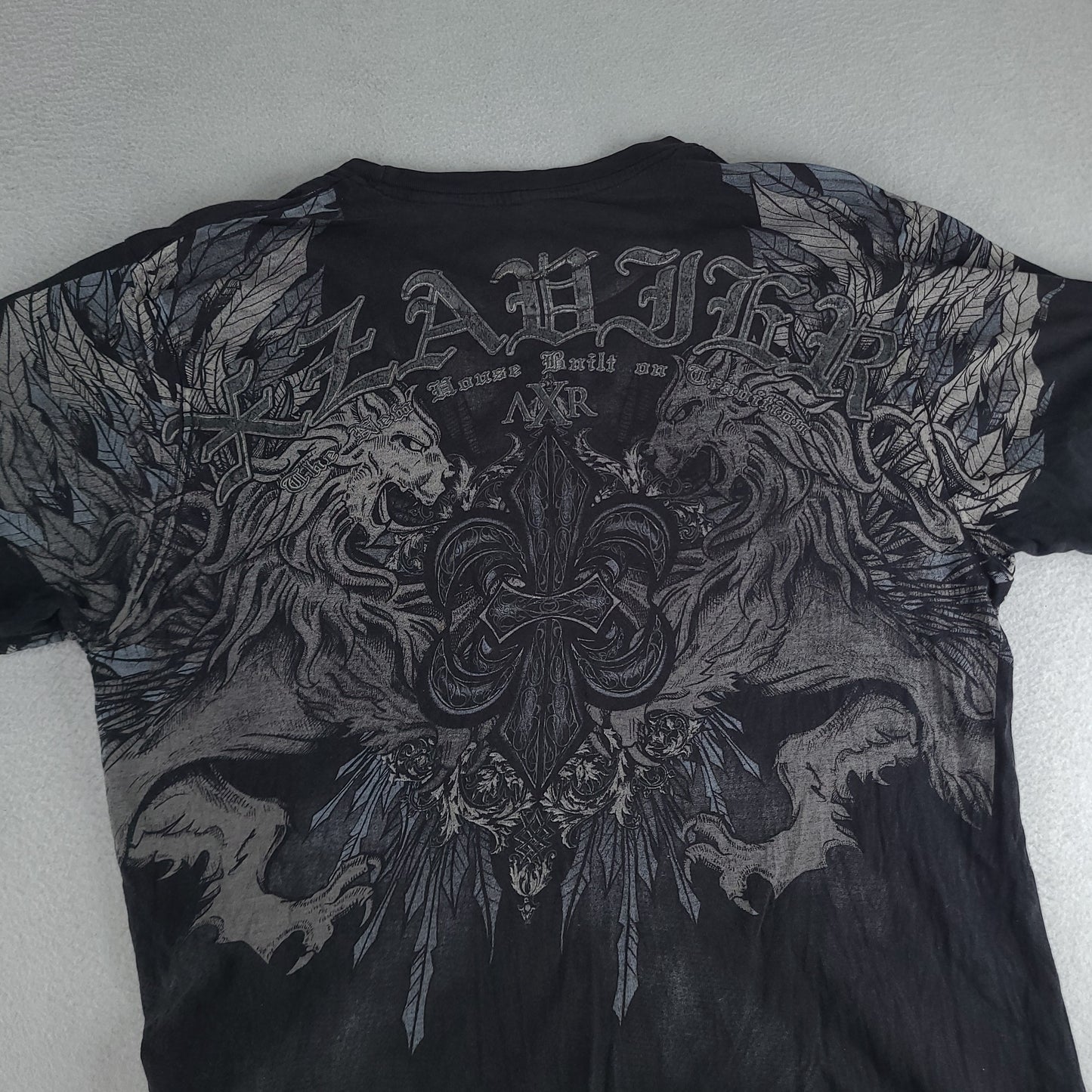 AXR Xzavier Shirt Short Sleeve Size L Grey Graphic Tee Y2K Style Casual Affliction Tribal Angelic Black