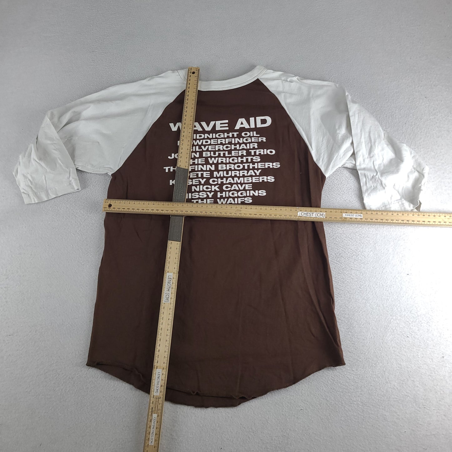 Vintage Wave Aid Shirt Raglan Brown Love Police Size M Adult Midnight Oil Powderfinger