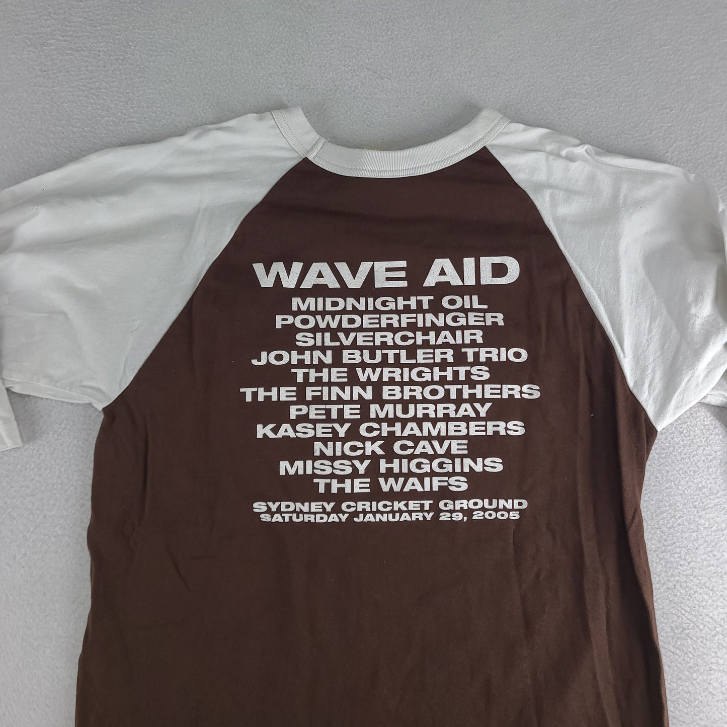 Vintage Wave Aid Shirt Raglan Brown Love Police Size M Adult Midnight Oil Powderfinger